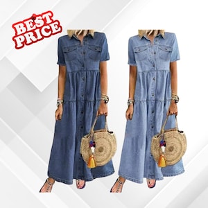 Vintage Inspired Denim Shirt Dress Button Front Maxi Casual Loose Fit