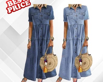 Vintage inspirierte Denim Shirt Kleid Knopfleiste Maxi Casual Loose Fit