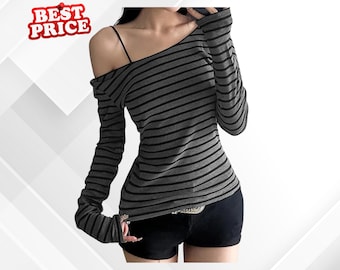 Off Shoulder Striped Long Sleeve Top for Women, Slim Fit Y2K Tee, Korean Streetwear Aesthetic Shirt, Casual Lightweight Spring Fall Blouse