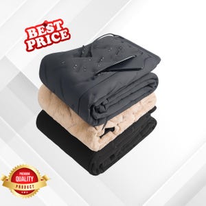May include: A stack of three folded blankets. The top blanket is dark gray with water droplets, the middle blanket is tan, and the bottom blanket is black. The words "BEST PRICE" and "PREMIUM QUALITY PRODUCT" are displayed.