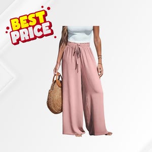 Women’s Cotton Linen Wide Leg Pants High Waist Drawstring Vacation Beach Trousers