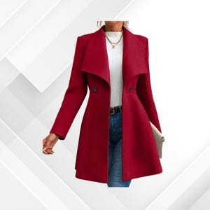 Women’s Winter Coat | Long Sleeve Lapel Button-Up Jacket | Solid Color Workwear | Elegant Red Coat Gift for Her | Gift For Her