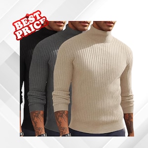 May include: Three ribbed knit turtleneck sweaters in black, gray, and beige. The sweaters have long sleeves and a close-fitting design. The image includes a "BEST PRICE" sticker in the upper left corner.