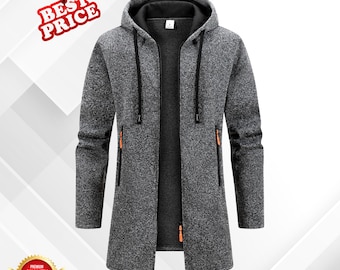 Men’s Winter Hooded Long Coat | Warm Zipper Sweatshirt Jacket | Outdoor Streetwear Oversize Hoodie | Casual Thermal Zip Up Coat for Men