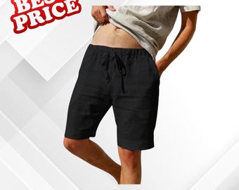 Mens Cotton Linen Beach Shorts Breathable Drawstring Summer Casual Lounge Shorts Relaxed Fit Vacation Wear