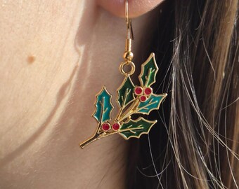 Holly Berry Earrings – Christmas Dangle Earrings, Festive Holiday Jewelry