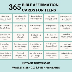 May include: A set of 365 Bible affirmation cards for teens, featuring black script text on white rectangular cards. The cards include phrases like I have hope because of Christ and God is my strength. Includes text: Wallet size 2 x 3.5 in.