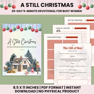 Könnte beinhalten: Ein digitales Andachtsbuch mit dem Titel "A Still Christmas" für vielbeschäftigte Menschen. Das Cover zeigt eine Aquarellillustration eines schneebedeckten Hauses und Bäume. Das Andachtsbuch ist im PDF-Format 21,6 x 27,9 cm, zum sofortigen Download.