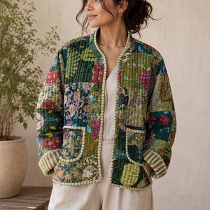 Handcrafted Block Print Cotton Quilted Jacket: Patchwork Boho Style