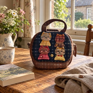May include: A round, brown, quilted fabric handbag featuring a dark blue front flap decorated with four embroidered cat patches. The bag has a single top handle, a gold-tone snap closure, and a textured, plaid-like pattern on the brown fabric.