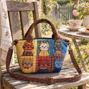 Sac bandoulière en coton patchwork brodé à la main avec motif chat | Sac à main artisanal pour les amoureux des chats