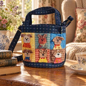 May include: A dark blue denim bucket bag featuring a patchwork design with six distinct embroidered dog characters. The bag includes two top handles and an adjustable shoulder strap, all crafted from a dark blue fabric with a subtle grid pattern.