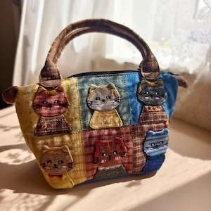 Hand Embroidered Cat Patchwork Cotton Shoulder Bag | Artisan Textile Handbag for Cat Lovers