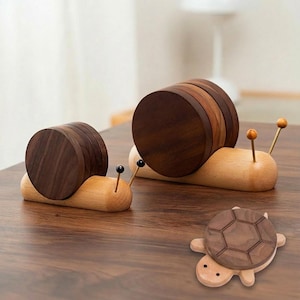 Handmade Ebony Wood Snail Coaster Set ,Creative Turtle Coaster Snail Sculpture Home Decor - Magnetic Detachable Drink Holder Fridge Magnet