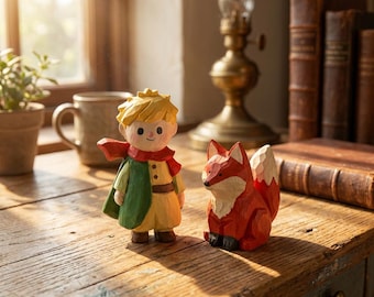 Handgesneden lindehouten beeldje Little Prince & Fox | Grappig kinderkamerdecor