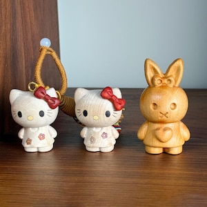 Hand-Carved Maple Wood Kitty Figurine, Bunny Desk Decor, Cat Bag Charm