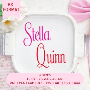 May include: An embroidery hoop containing white fabric with the name Stella Quinn stitched in a bright pink cursive font. The image includes text indicating BX format, 6 sizes ranging from 2.54 cm to 8.89 cm, and various file formats like DST, PES, EXP, JEF, VP3, ART, HUS, and XXX.