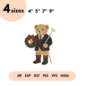 Bordado de osito de peluche estilo polo preppy, archivo de bordado de osito de peluche navideño, osito de peluche, Feliz Navidad, diseño de Feliz Navidad