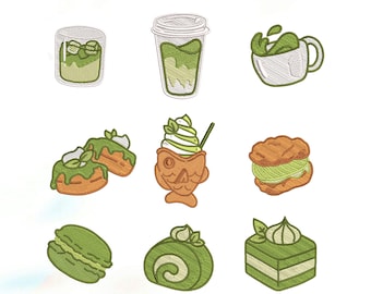 Matcha Dessert Embroidery Design Bundle, Matcha Cafe Embroidery File, Green Tea Sweets Machine Embroidery Download