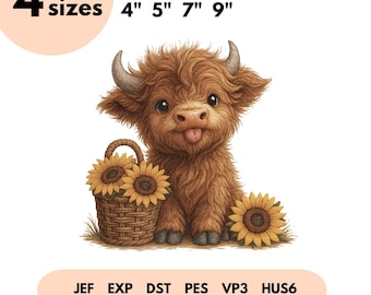 Baby Highland Cow Embroidery Design, Highland Cow Embroidery File, Baby Cow, Easter Spring, Farm Animals, Highland Cow