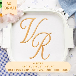 May include: An embroidery hoop containing white fabric with the gold-colored stitched letters V and R in a cursive script. The text BX FORMAT is visible in the top left corner. The bottom text lists 6 sizes: 1.5", 2", 2.5", 3", 3.5", 4" and file formats: DST, PES, EXP, JEF, VP3, ART, HUS, XXX.
