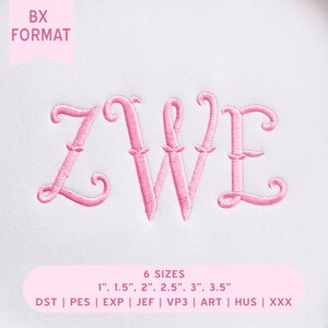 Può includere: Lettere monogramma ZWE ricamate in rosa con un carattere corsivo su sfondo bianco. Il testo include BX FORMAT, 6 SIZES, 2,54 cm, 3,81 cm, 5,08 cm, 6,35 cm, 7,62 cm, 8,89 cm e i formati DST, PES, EXP, JEF, VP3, ART, HUS, XXX.