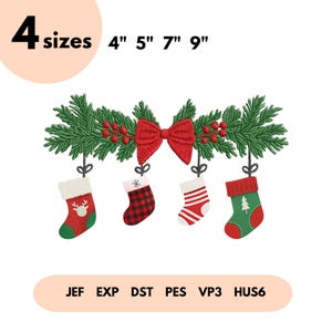 May include: A Christmas-themed embroidery design featuring a green garland with red berries and a red bow. Four miniature stockings hang below, each with a unique design. The design is available in four sizes: 4", 5", 7", and 9".
