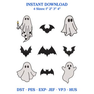 Puede incluir: Conjunto de diseños de bordado digital con tres fantasmas y cinco murciélagos en negro, blanco y gris. Un fantasma sostiene una vela con llama amarilla. Texto: INSTANT DOWNLOAD 4 Sizes: 1" 2" 3" 4" y formatos DST - PES - EXP - JEF - VP3 - HUS.