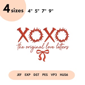 May include: A white background features red XOXO lettering with nails and a crown of thorns, and the text "the original love letters". The image includes sizes 4", 5", 7", and 9".