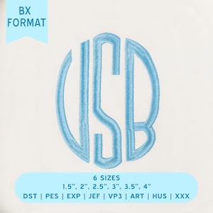 Op de afbeelding: Een lichtblauw geborduurd monogram met de letters USB in een cirkelvormige stijl. De afbeelding bevat de tekst BX FORMAT en vermeldt 6 maten van 3,81 cm tot 10,16 cm, samen met bestandsindelingen zoals DST, PES, EXP, JEF, VP3, ART, HUS en XXX.