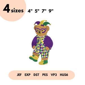 Mardi Gras Teddy Bear Embroidery Design, Style Carnival Bear Embroidery File, Louisiana Festival Stitch, Fleur De Lis, Mardi Gras Design
