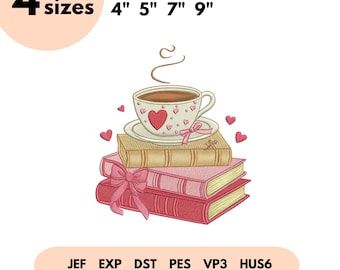 Disegno da ricamo per San Valentino per amanti dei libri, file da ricamo per San Valentino Coquette, libro da ragazza, fiocco Coquette, regalo per amanti dei libri