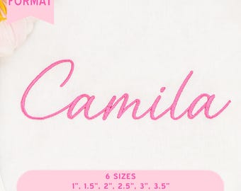 Camila kursivt typsnitt, maskinbroderitypsnitt, direktnedladdning, handskrivet skriptbroderi, satinsömsbroderi, BX ingår, 6 storlekar