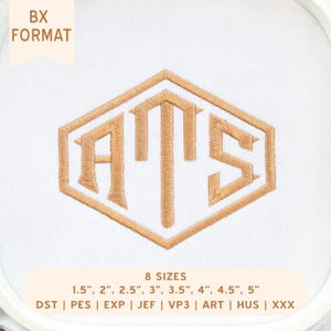 ATS Diamond Monogram Font, Geometric 3 Letter Machine Embroidery Alphabet, Hexagon Frame Monogram, 8 Sizes, 8 Formats for Bags and Gifts DIY