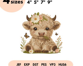 Baby Highland Cow Embroidery Design, Highland Cow Embroidery File, Baby Cow, Easter Spring, Farm Animals, Highland Cow
