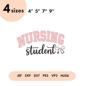 May include: A design featuring the text "NURSING student" in pink and black, with a stethoscope and bow graphic. The design is available in 4 sizes: 4", 5", 7", and 9".