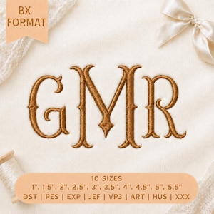Puede incluir: Un diseño de bordado con las letras de monograma GMR en una fuente serif marrón. La imagen incluye una etiqueta color melocotón con la etiqueta BX FORMAT y una pancarta inferior que enumera 10 tamaños de 2,54 cm a 13,97 cm y formatos DST, PES, EXP, JEF, VP3, ART, HUS y XXX.