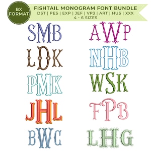 May include: A digital embroidery file set titled Fishtail Monogram Font Bundle, featuring ten examples of three-letter monograms in various colors including purple, pink, brown, blue, light blue, green, orange, and light green on a white background.