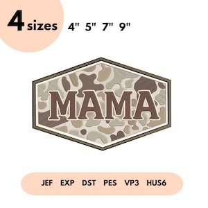 Può includere: Toppa ricamata esagonale con la scritta "MAMA" in marrone. Lo sfondo presenta un motivo mimetico marrone e beige. Disponibile in 4 misure: 10 cm, 13 cm, 18 cm e 23 cm.
