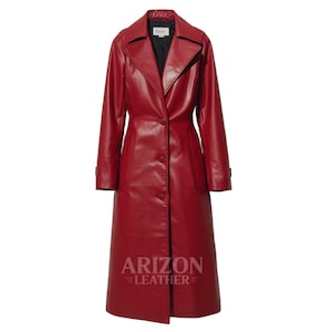 Women&#39;s Red Leather Trench Coat | Long Gothic Overcoat | Steampunk Duster Jacket | Slim Fit Leather Coat for Women