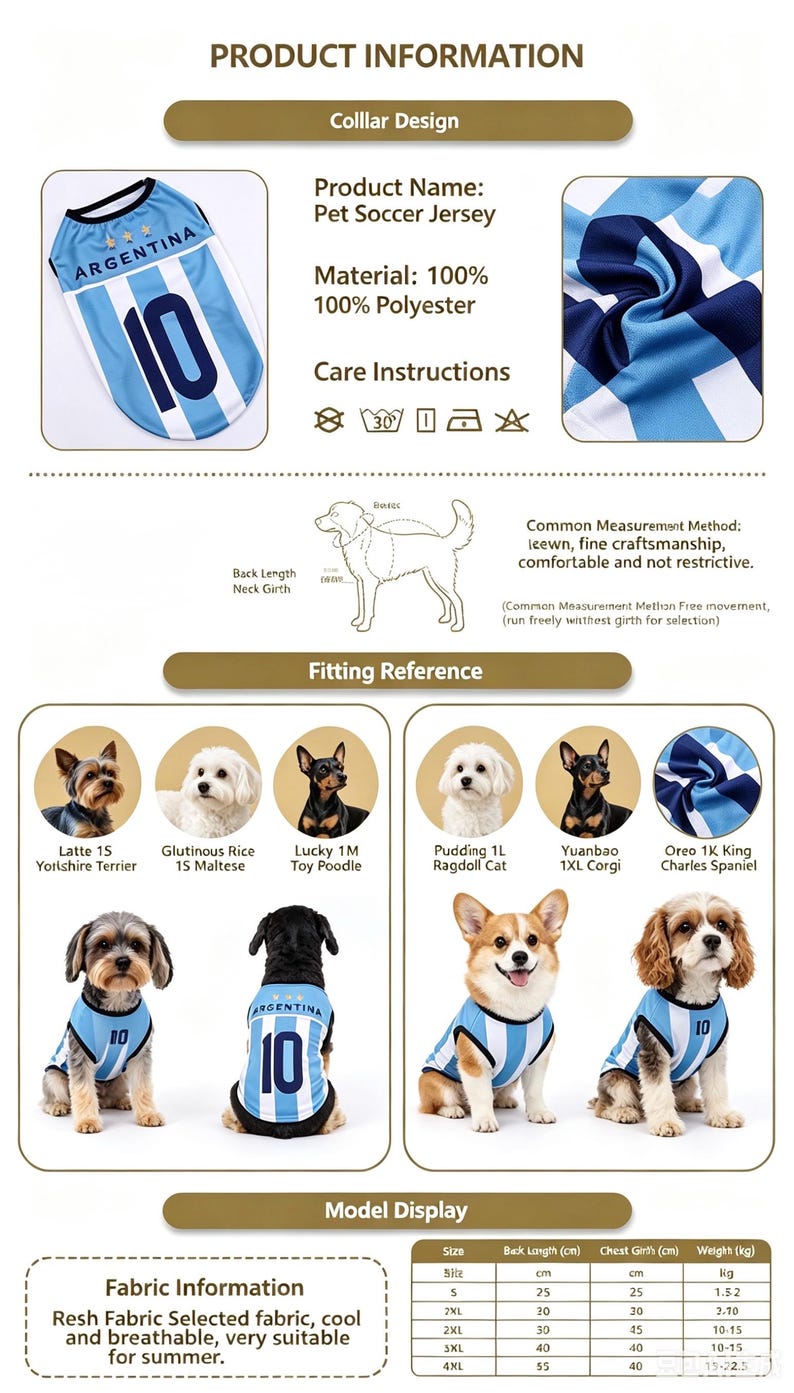 Puede incluir: Una camiseta de f&uacute;tbol para mascotas con la palabra "ARGENTINA" y el n&uacute;mero "10" en la espalda. La camiseta es azul claro y blanca, hecha de 100% poli&eacute;ster. La imagen tambi&eacute;n muestra varias razas de perros usando la camiseta.