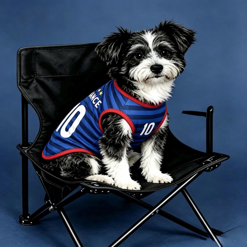 Puede incluir: Un perro peque&ntilde;o blanco y negro que lleva una camiseta a rayas azules y rojas con el n&uacute;mero 10 en la parte delantera y trasera. La camiseta tiene la palabra "FRANCE" en la parte delantera. El perro est&aacute; sentado en una silla plegable negra sobre un fondo azul.