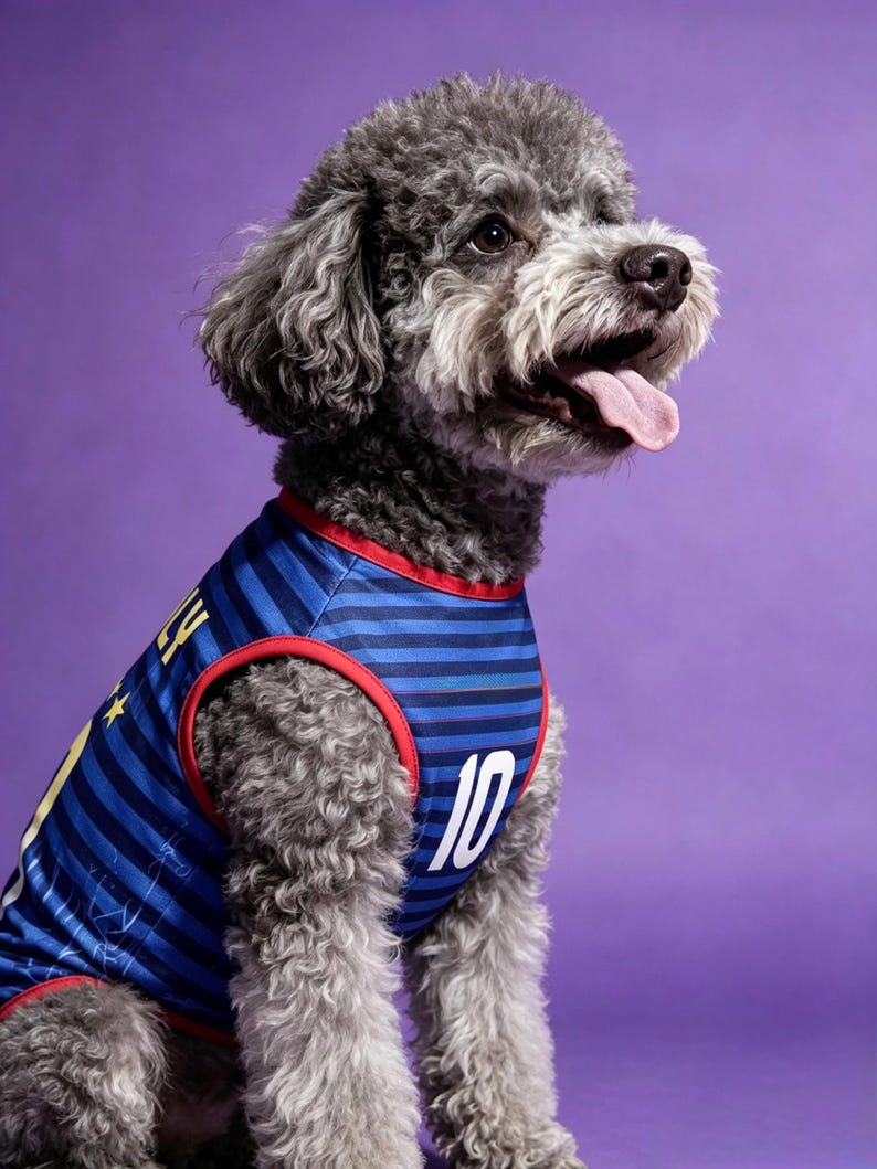 Puede incluir: Un caniche gris que lleva una camiseta de perro a rayas azules y marinas con el n&uacute;mero 10 en blanco. La camiseta tiene ribetes rojos y detalles dorados. El perro est&aacute; sobre un fondo morado.