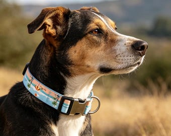 Collare per cani personalizzato – Fibbia in metallo incisa al laser, motivo spiaggia – Collare da avventura in fettuccia resistente