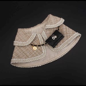 May include: A beige tweed dog jacket with white trim and a black chain. A small black quilted purse with a gold chain and the number 5 is attached to the jacket. A gold charm is also attached.