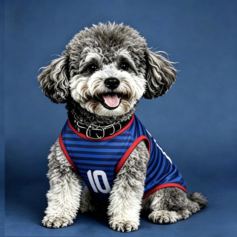 Puede incluir: Un perro sonriente, gris y blanco, con una camiseta a rayas azules y rojas con el n&uacute;mero 10. El perro tiene un collar negro y est&aacute; sentado sobre un fondo azul.