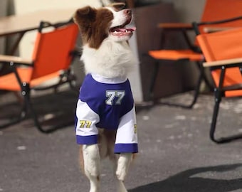 Sports Varsity Dog Jersey #77 | Athletic Purple Pet Tee for Large Dogs | Football Soccer Styled Dog Shirt | Border Collie Game Day Clothes