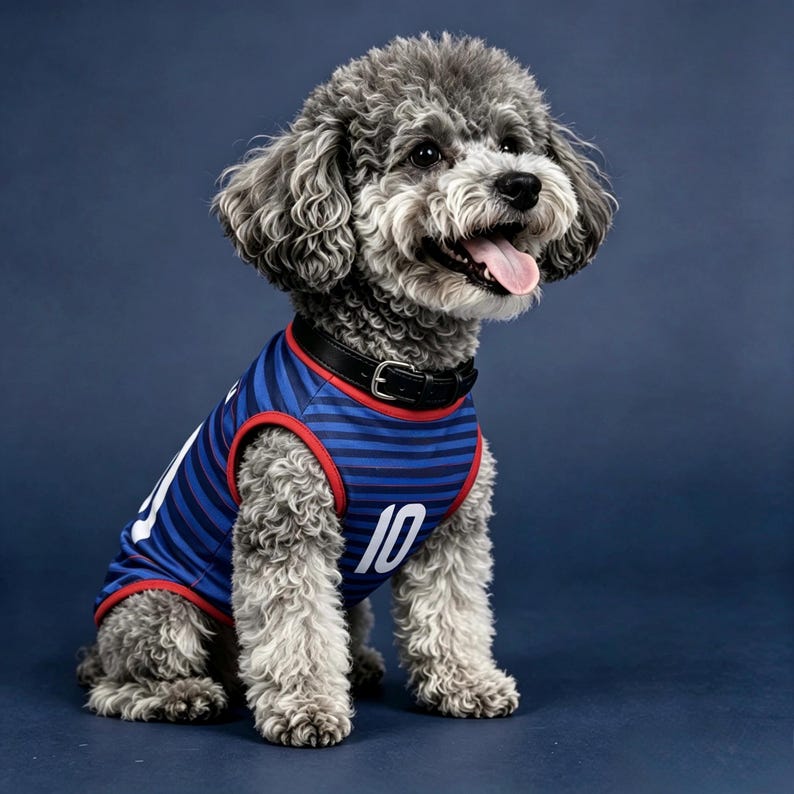Puede incluir: Un caniche gris con una camiseta a rayas azules y rojas con el n&uacute;mero 10 en blanco. El perro tiene un collar negro y est&aacute; sentado sobre un fondo azul.