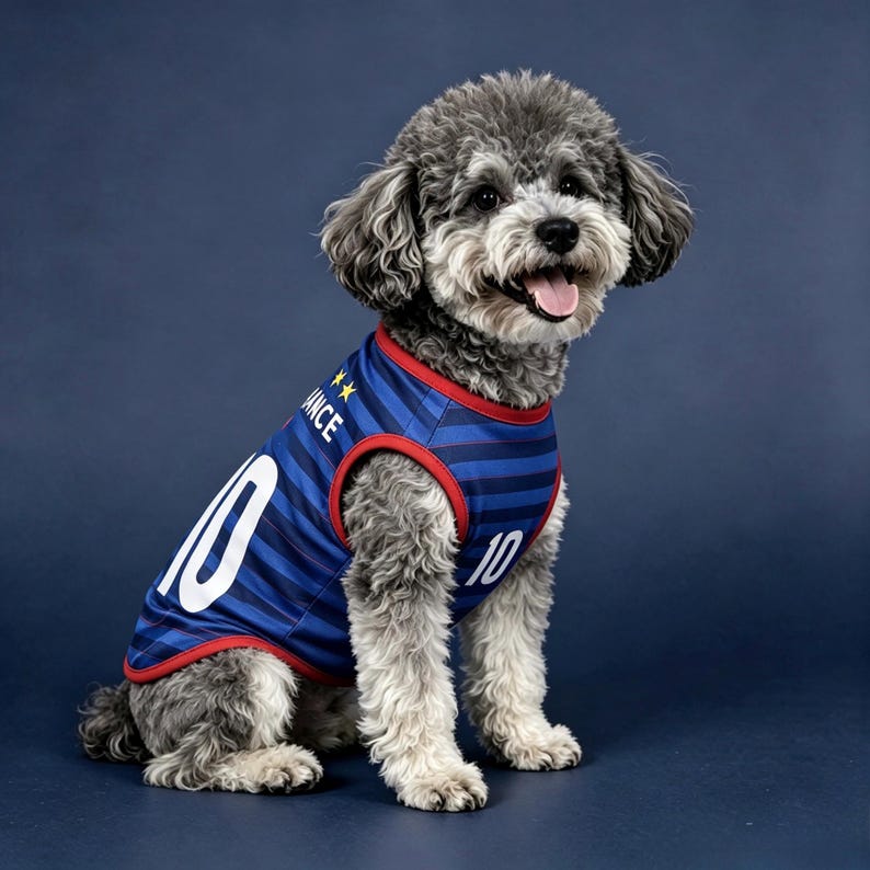Puede incluir: Un caniche gris con una camiseta a rayas azules y rojas con el n&uacute;mero 10 en la parte delantera. La camiseta tiene la palabra "FRANCE" y dos estrellas doradas en el hombro. El perro est&aacute; sentado sobre un fondo azul.