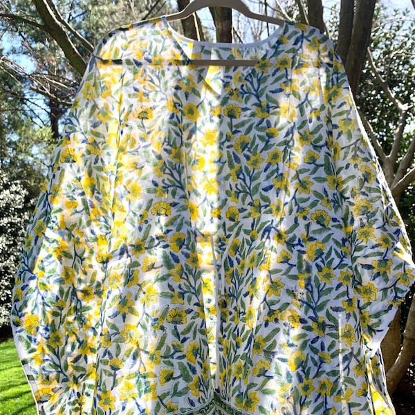 Yellow daffodils block print kaftan, cotton kaftan, handprinted cotton cover up, block printed swim cover up